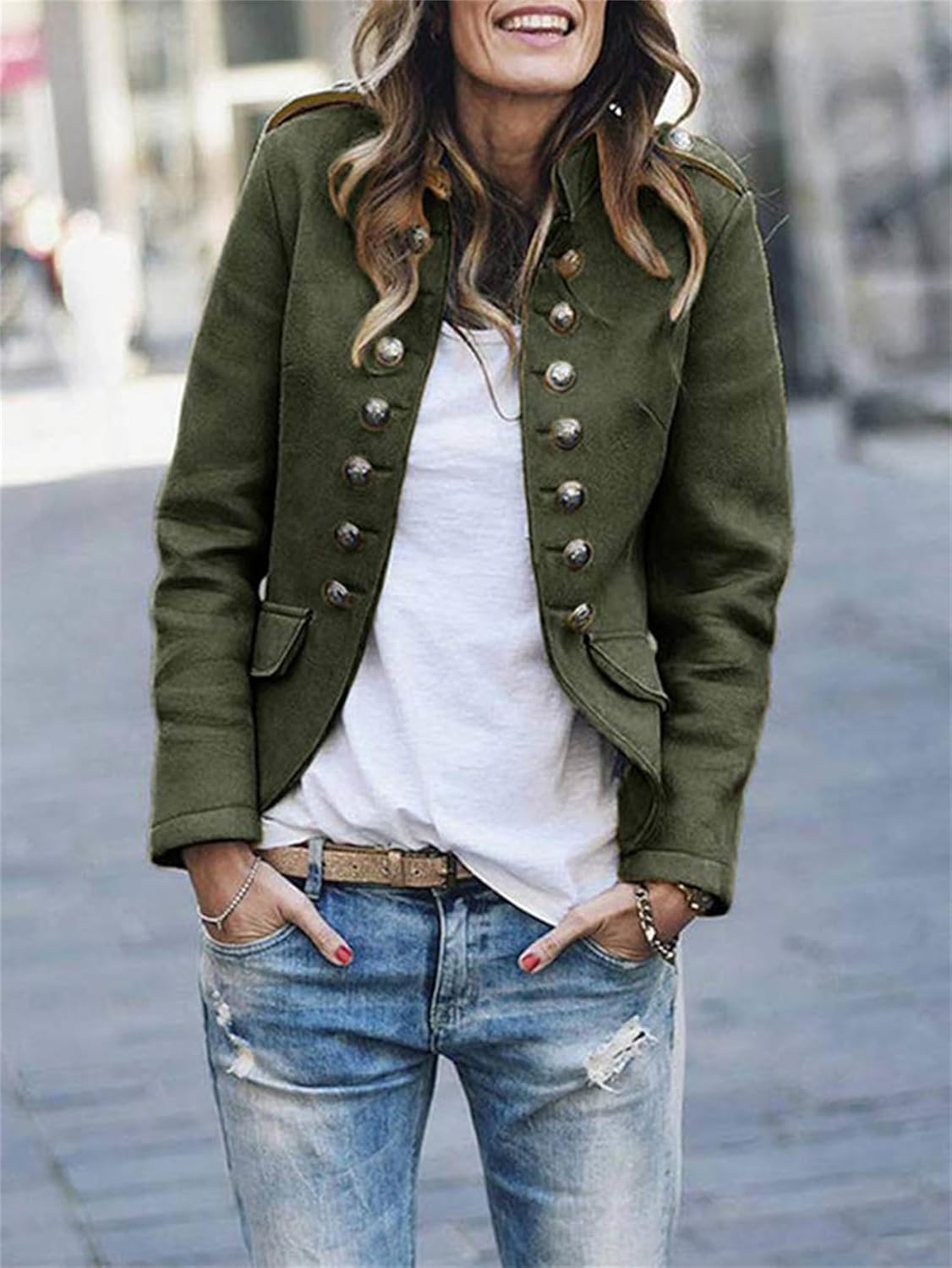 Women's Chic Military Coat - Classic Hip Length Jacket - OutfitLondon