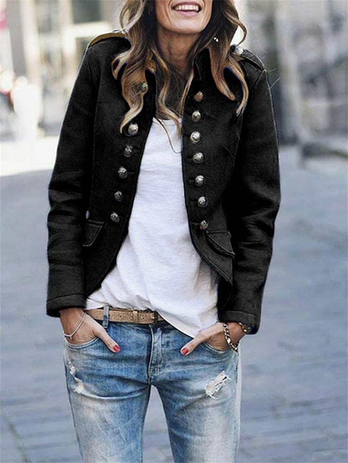 Women's Chic Military Coat - Classic Hip Length Jacket