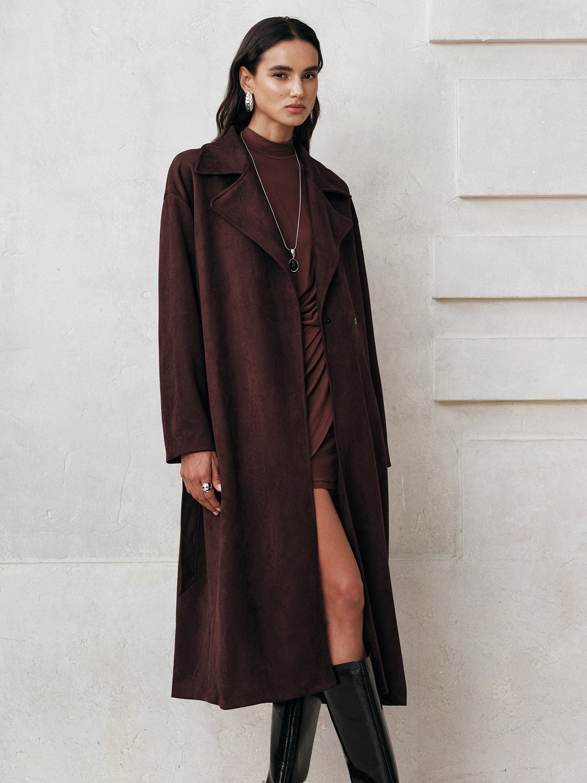 Luxury Suede Buckled Classic Trench Coat