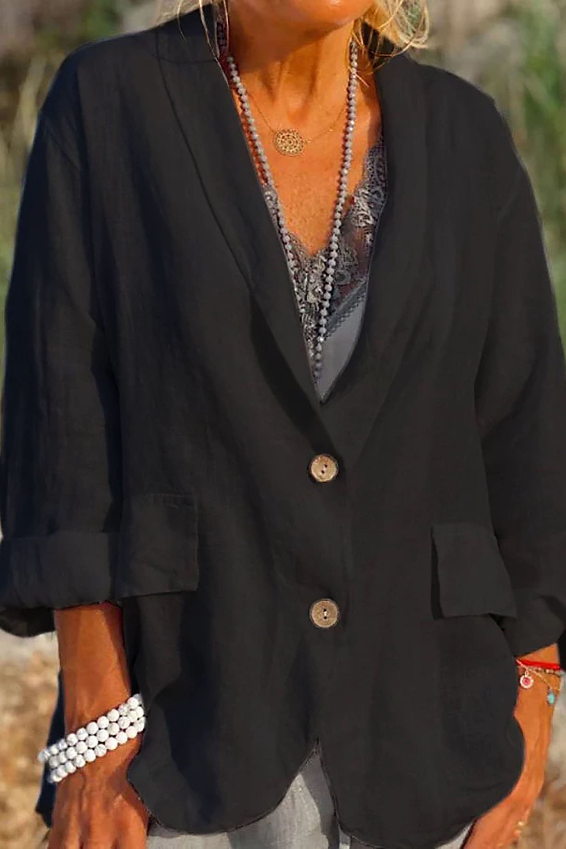 Women's Casual Fall Linen Jacket with V-Neck - OutfitLondon