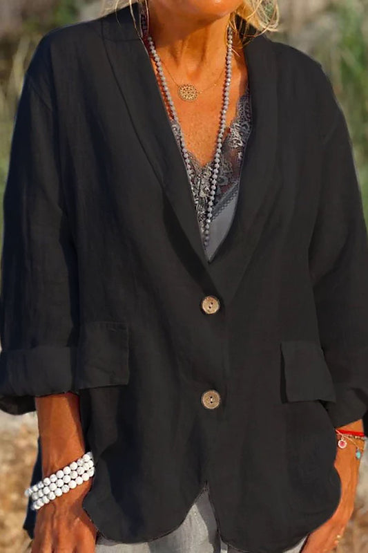 Women's Casual Fall Linen Jacket with V-Neck - OutfitLondon
