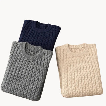 Thick Crew Neck Knit Sweater with Ribbed Cuff