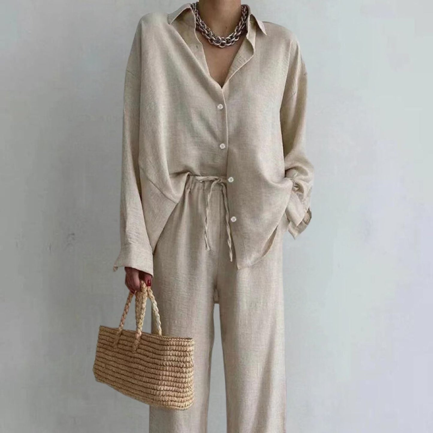 Relaxed Fit Women's Cotton Blouse and Pants Set