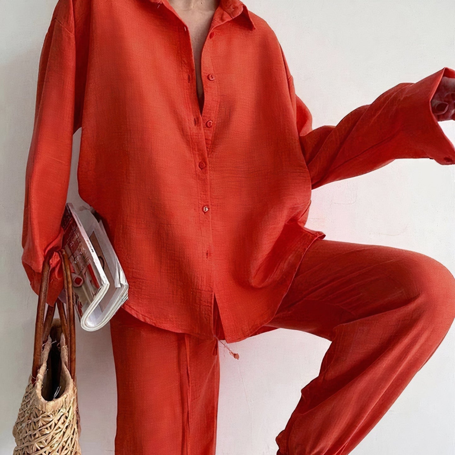 Relaxed Fit Women's Cotton Blouse and Pants Set