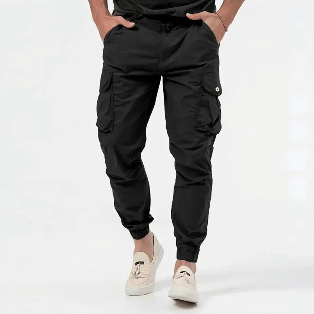 Men's Cotton Cargo Joggers Stretch Black - OutfitLondon
