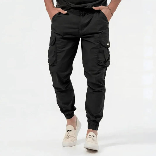 Men's Cotton Cargo Joggers Stretch Black - OutfitLondon