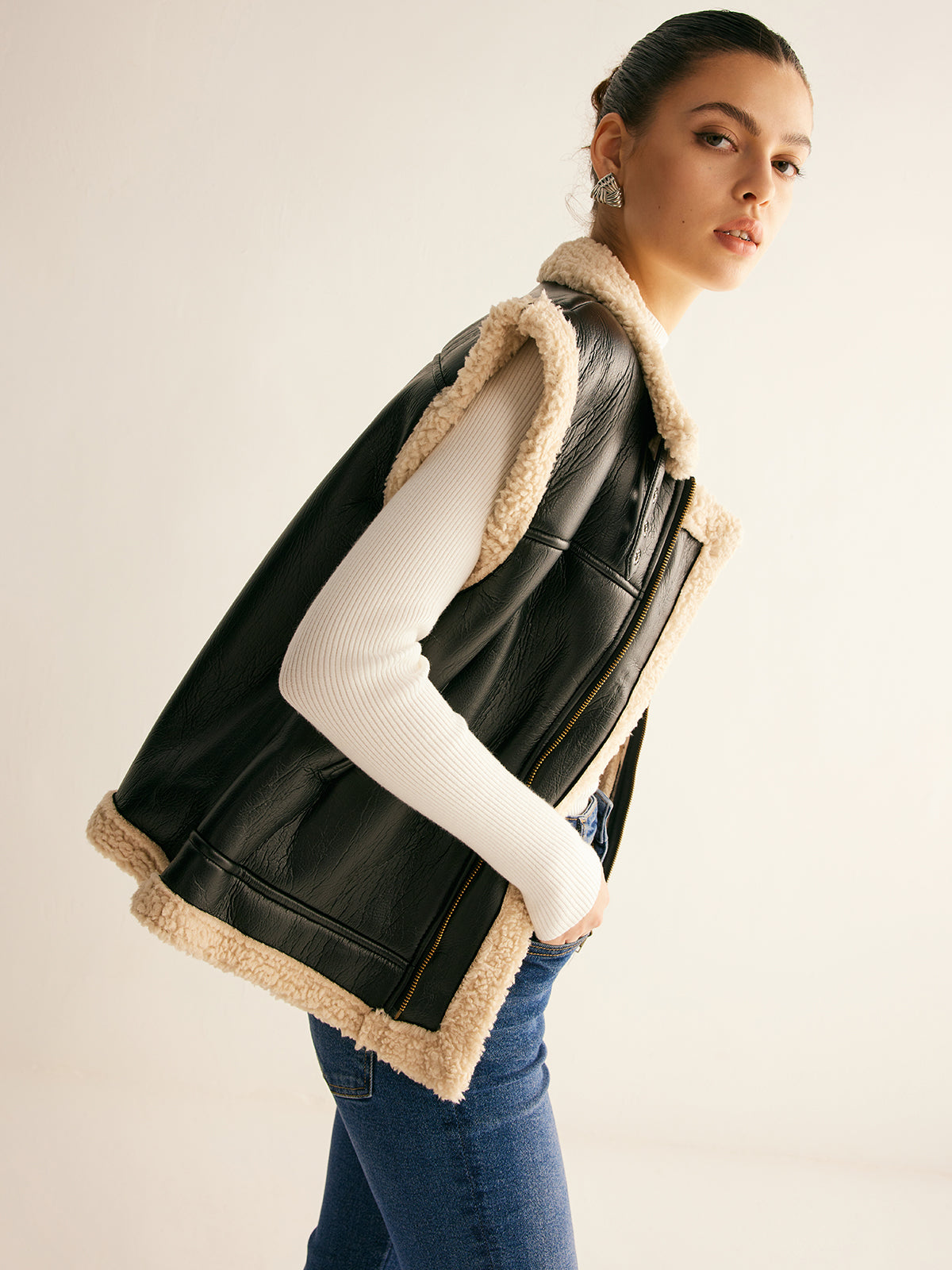 Faux Leather Padded Teddy Vest Jacket
