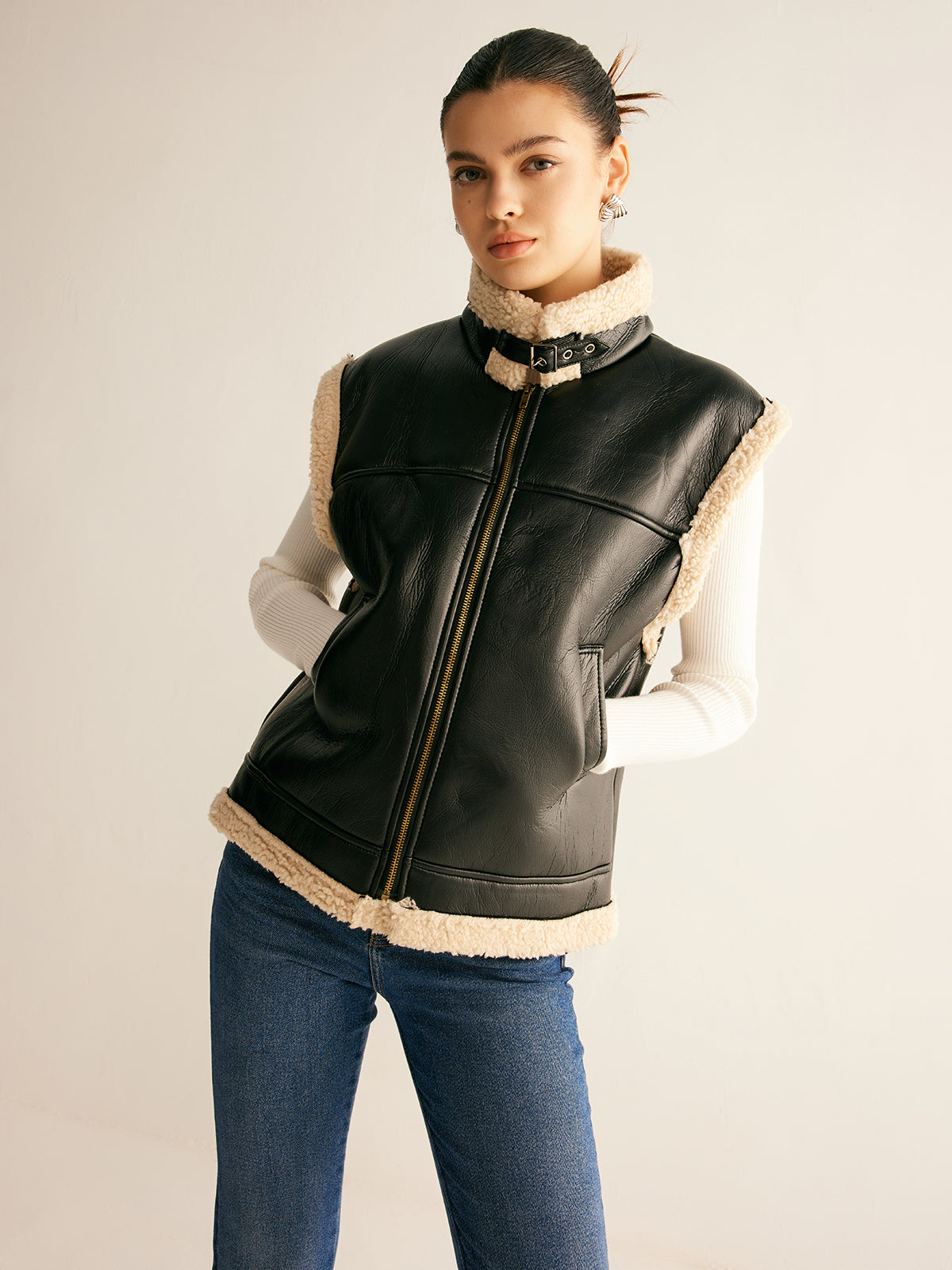 Faux Leather Padded Teddy Vest Jacket