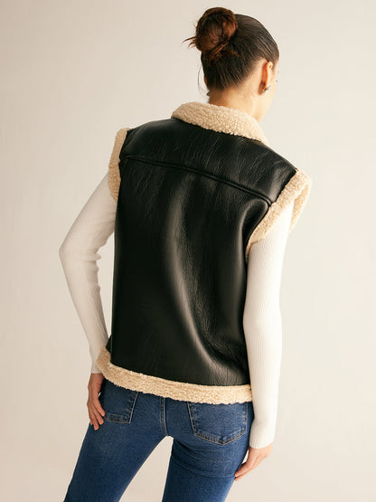 Faux Leather Padded Teddy Vest Jacket