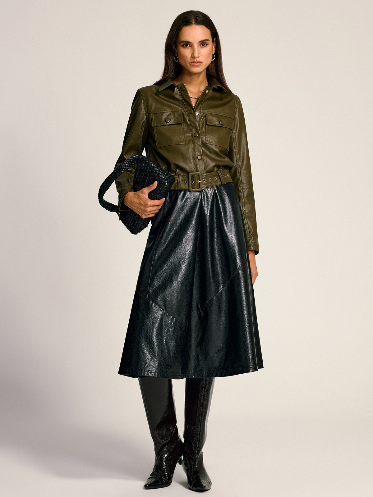 Women's Faux Leather Belted Work Jacket