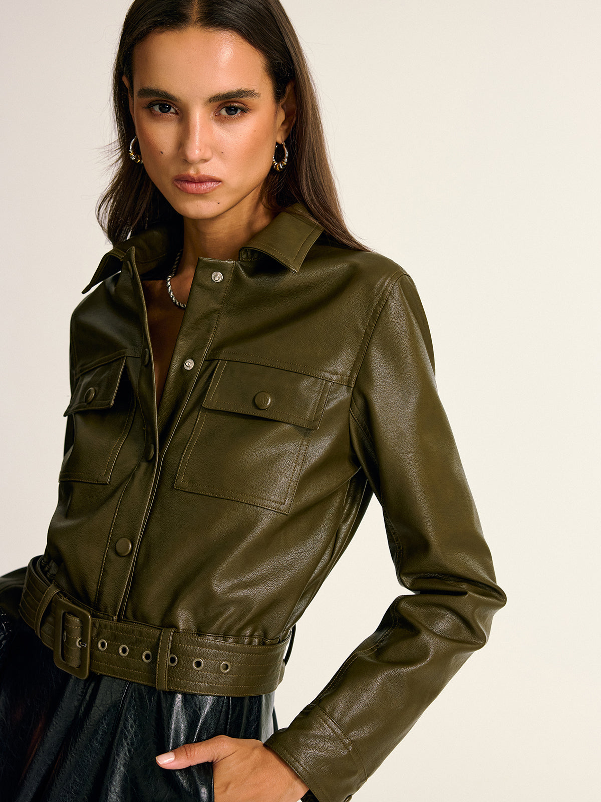 Women's Faux Leather Belted Work Jacket
