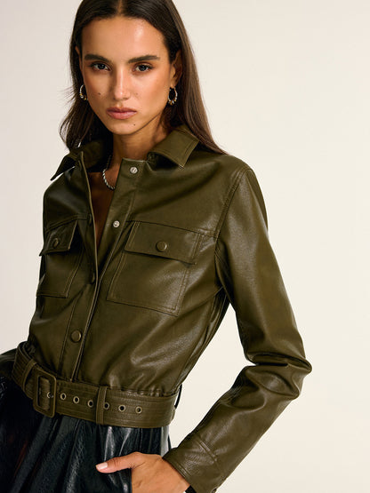 Women's Faux Leather Belted Work Jacket