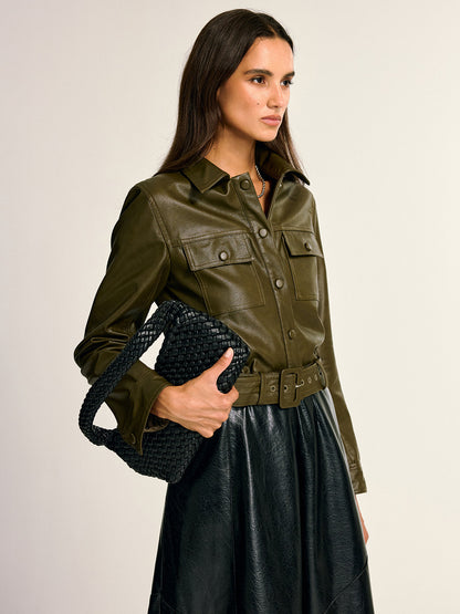 Women's Faux Leather Belted Work Jacket