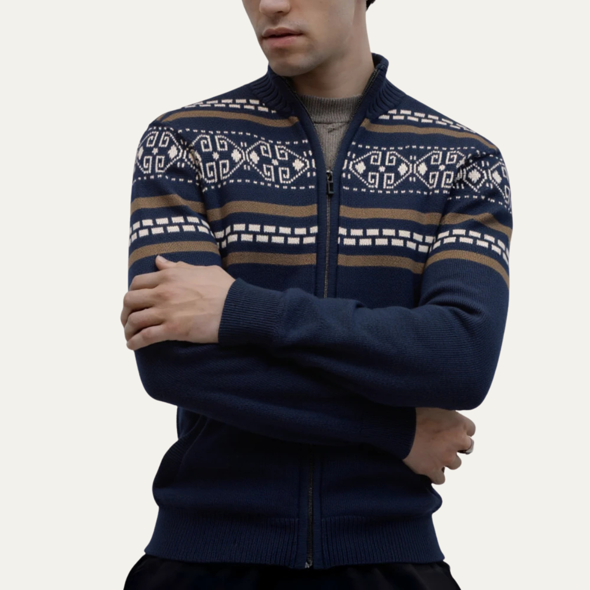 Men's Knitted Patterned Zip Up Sweater