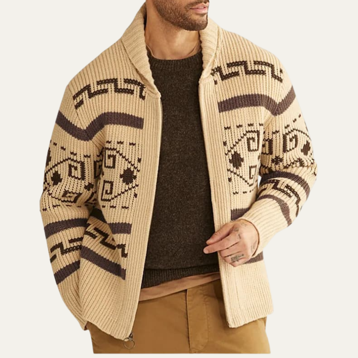 Warm Mens Aztec Pattern Cardigan Sweater - OutfitLondon