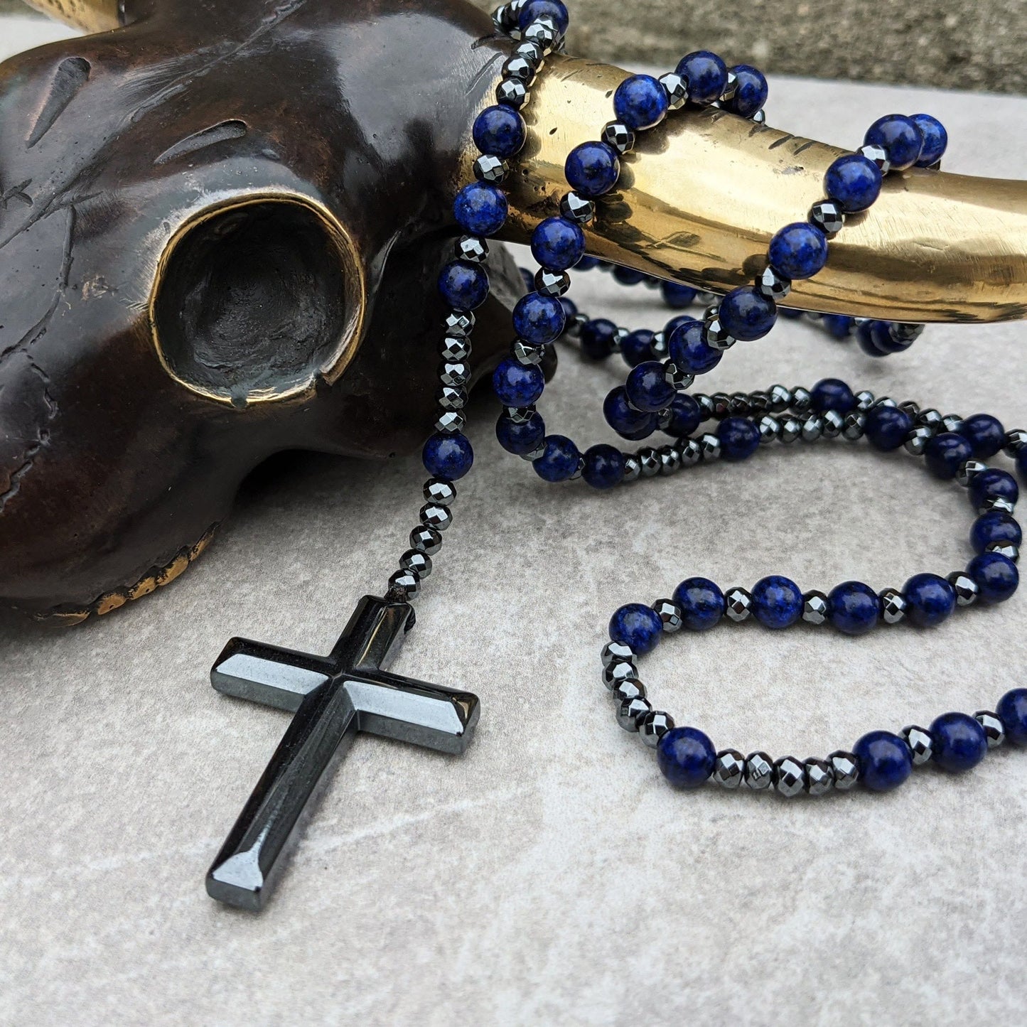 Men's Dark Blue Stone Bead Chain Necklace