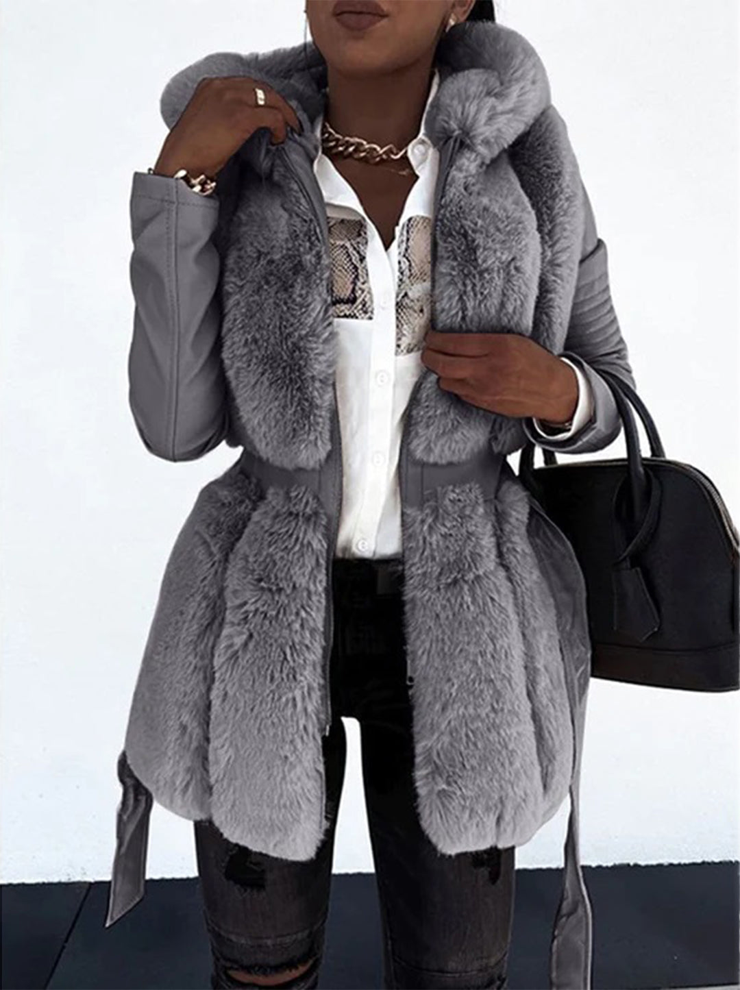 Classic Luxe Faux Fur Leather Coat for Women - OutfitLondon