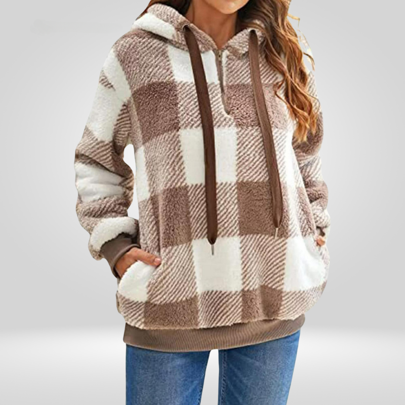 Cozy Women's Check Hoodie with Zip Front