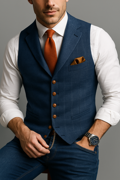 Classic Plaid Mens Vest - Tailored Notch Lapel Waistcoat - OutfitLondon