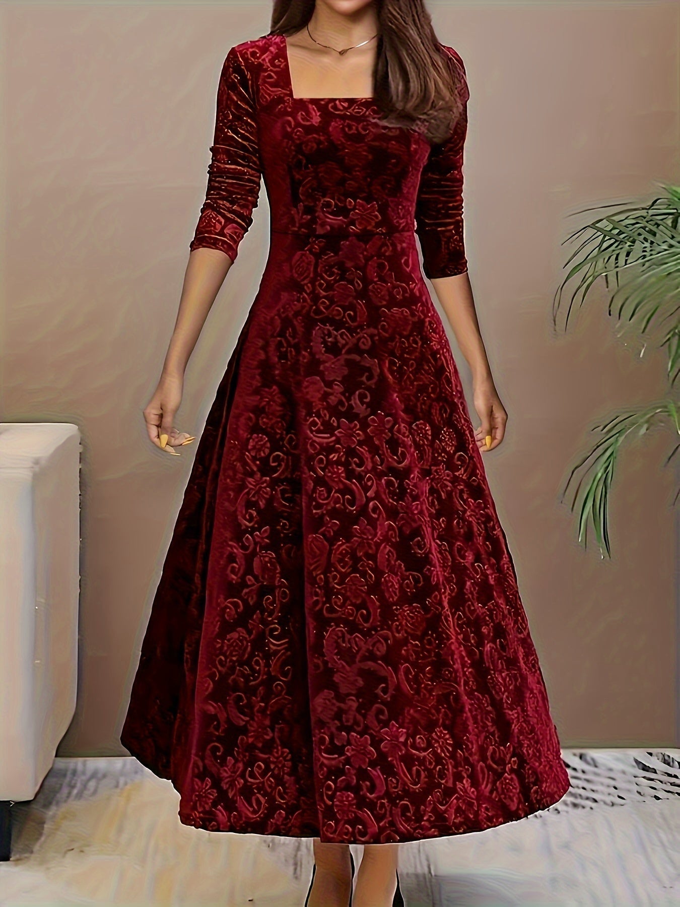 Elegant Ladies Square Neck Midi Dress - OutfitLondon