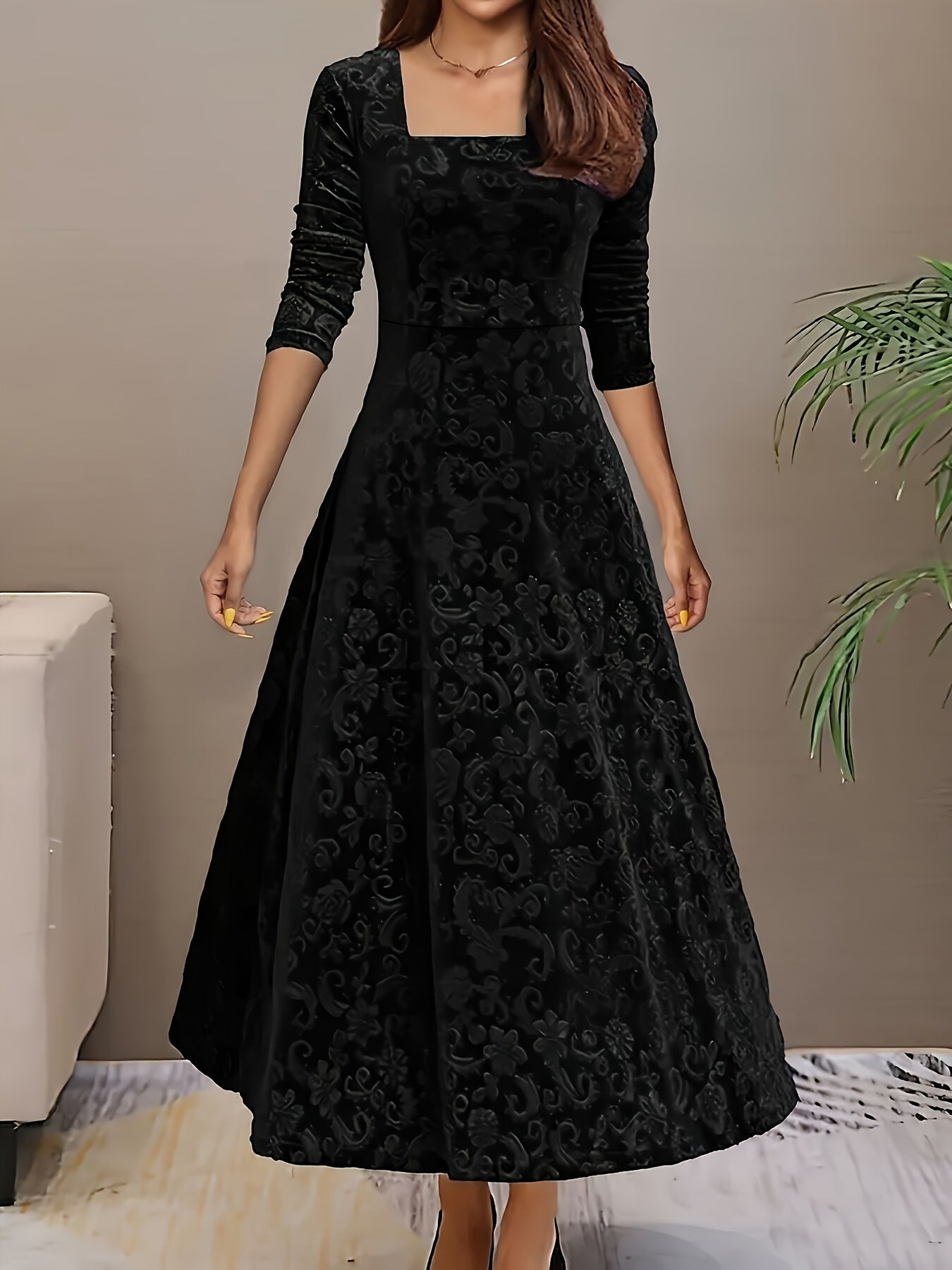 Elegant Ladies Square Neck Midi Dress
