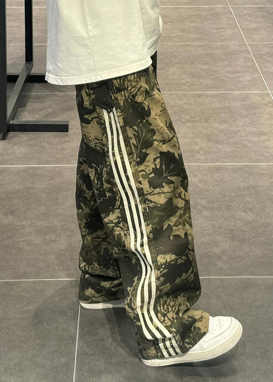 Mens Cotton Pants Army Green Oversized Breathable Side Stripes - OutfitLondon