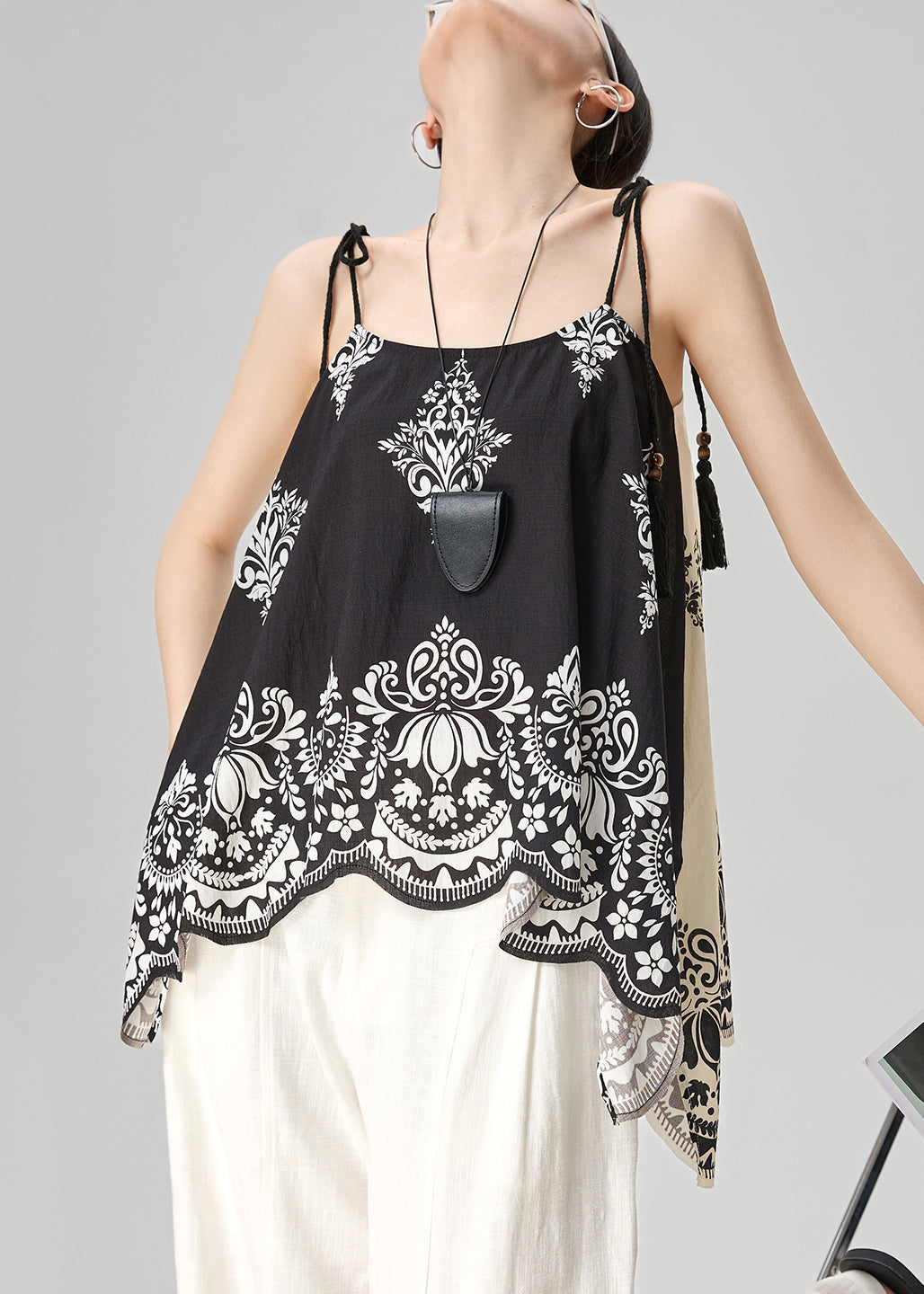 Women's Cotton Tank Spaghetti Strap Black Print Lightweight - OutfitLondon