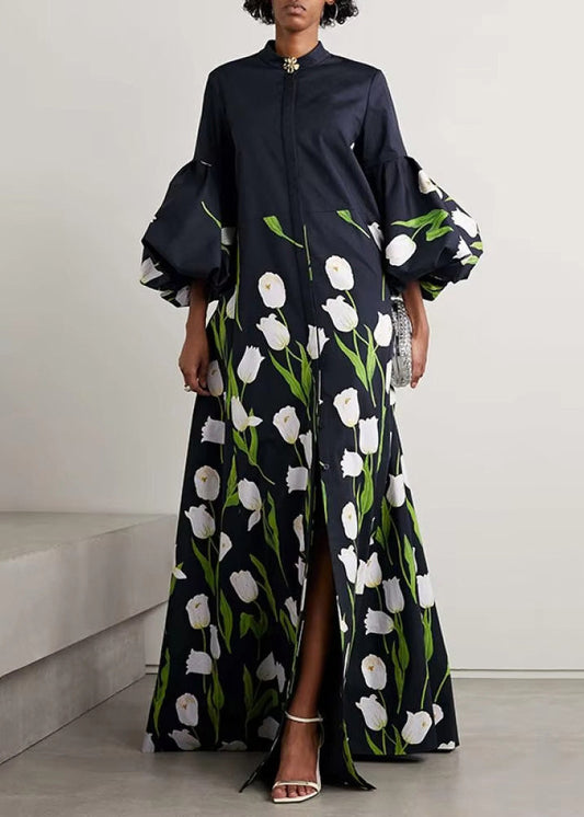 Women's Long Black Dress With Stand Collar Printed Buttons - OutfitLondon