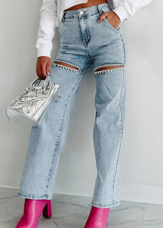 Women's High Waisted Straight Jeans Distressed Blue - OutfitLondon