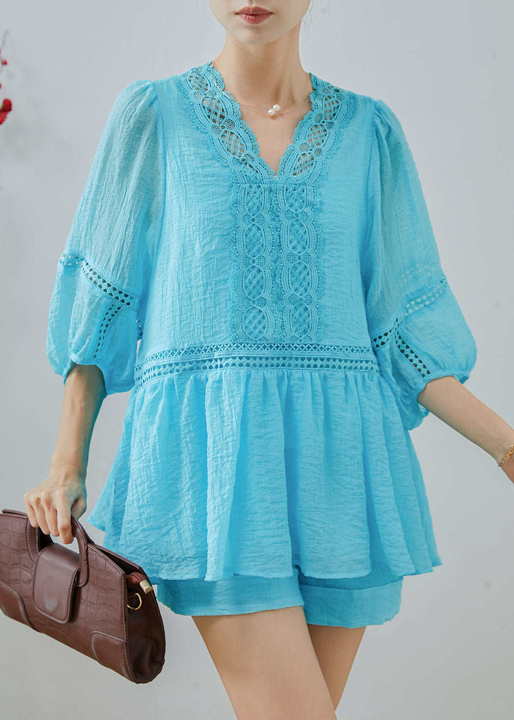 Women's Cotton Two Piece Openwork Blue Breathable Set - OutfitLondon