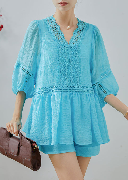 Women's Cotton Two Piece Openwork Blue Breathable Set - OutfitLondon