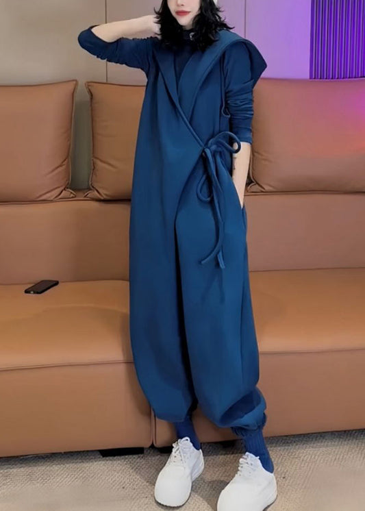 Women's Fleece Hooded Jumpsuit Blue Lace Up - OutfitLondon