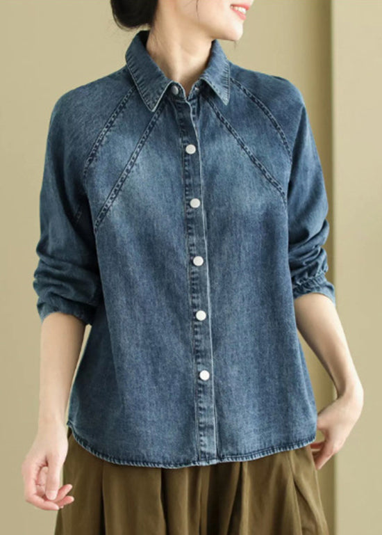 Women Denim Shirt Blue Peter Pan Collar - OutfitLondon