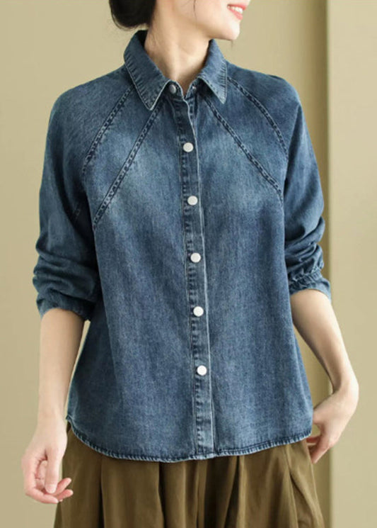 Women Denim Shirt Blue Peter Pan Collar - OutfitLondon