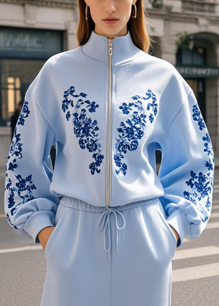 Women's Cotton Coat Blue High Collar - OutfitLondon
