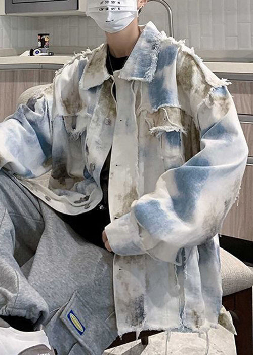 Men's Tie Dye Denim Jacket Raw Edges Patchwork Blue - OutfitLondon