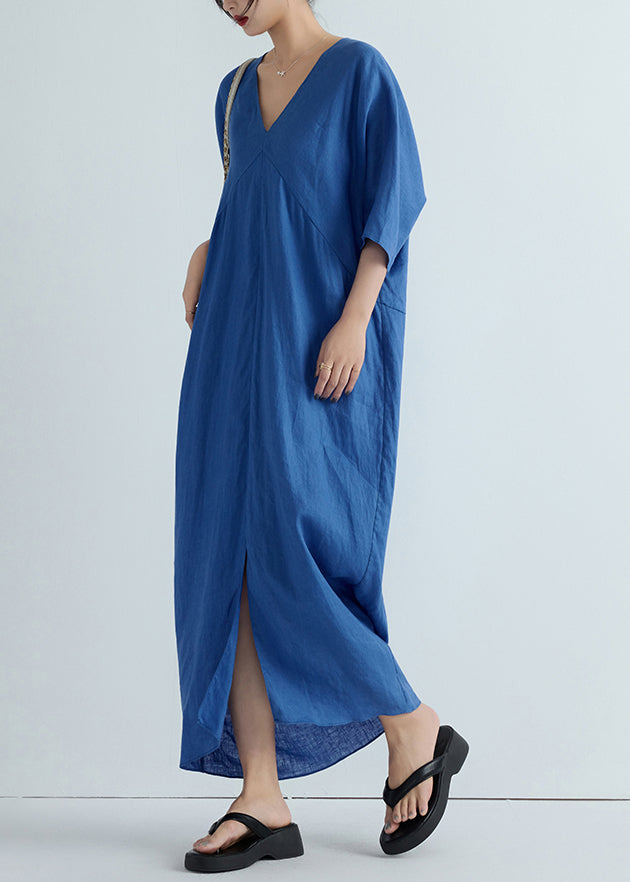 Women's Blue Linen Maxi Dress V Neck Breathable - OutfitLondon