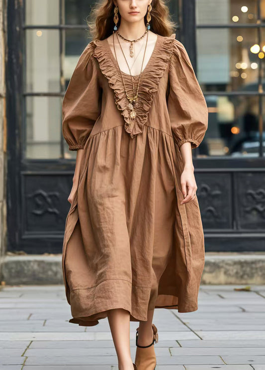 Women's Cotton Patchwork Maxi Dress Ruffles Bracelet Sleeves - OutfitLondon