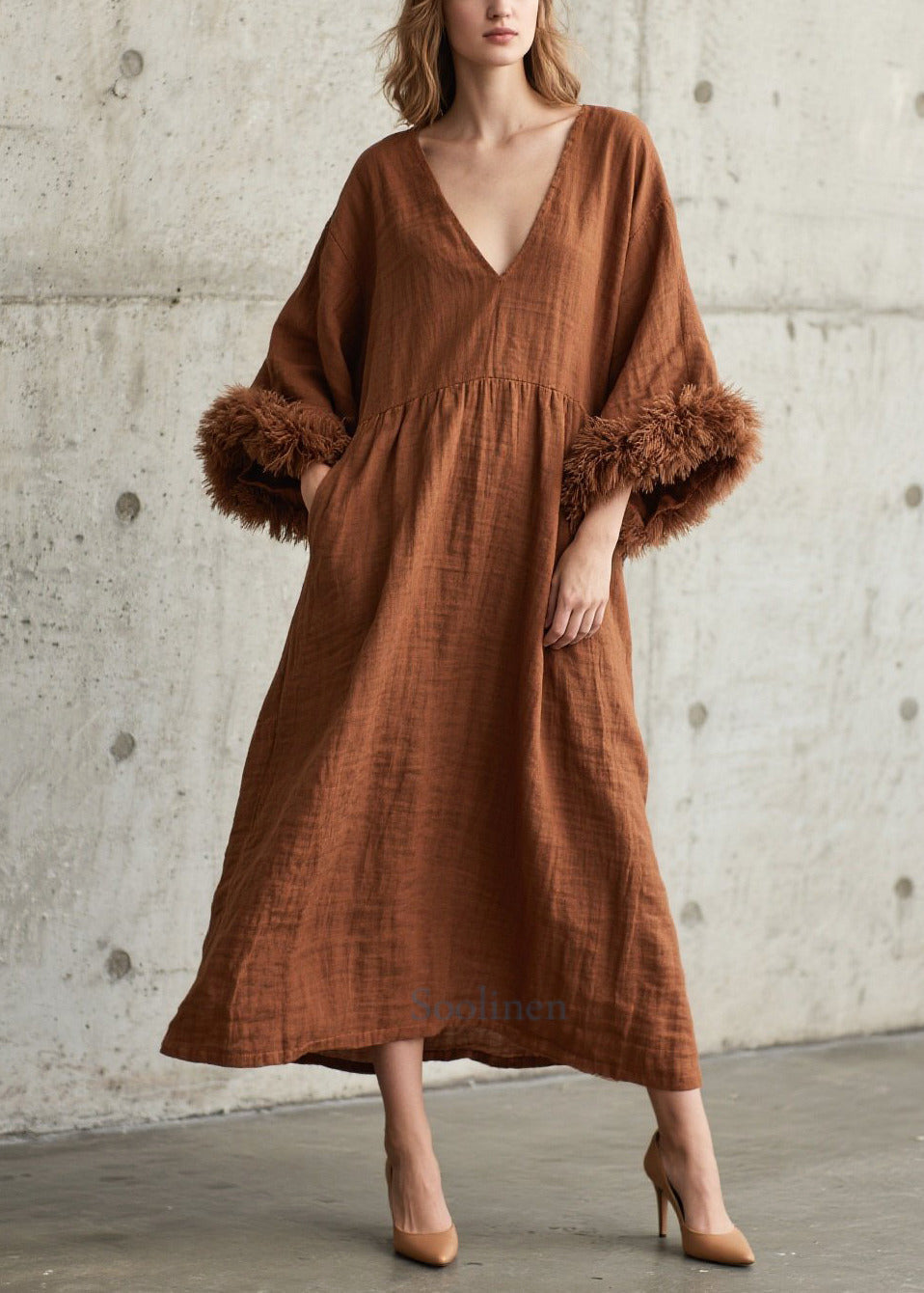 Women's Faux Fur Patchwork Robe Caramel Oversized - OutfitLondon