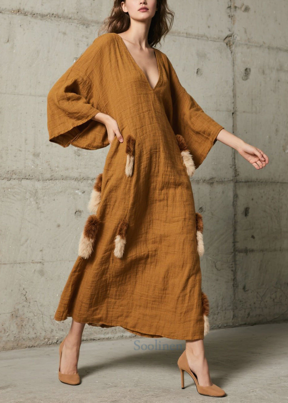 Women's Faux Fur Robe V Neck Patchwork Caramel - OutfitLondon