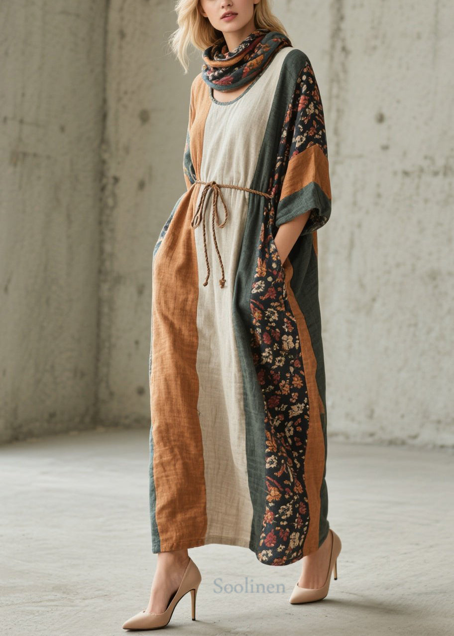 Women's Cotton Maxi Dress Colorblock Soft Round Neck - OutfitLondon