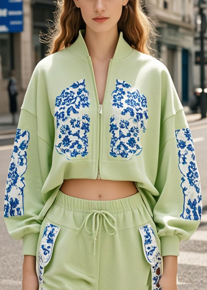 Women's Green Cotton Jacket Crop Zip Front Fruit Print - OutfitLondon