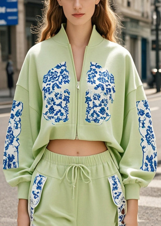 Women's Green Cotton Jacket Crop Zip Front Fruit Print - OutfitLondon