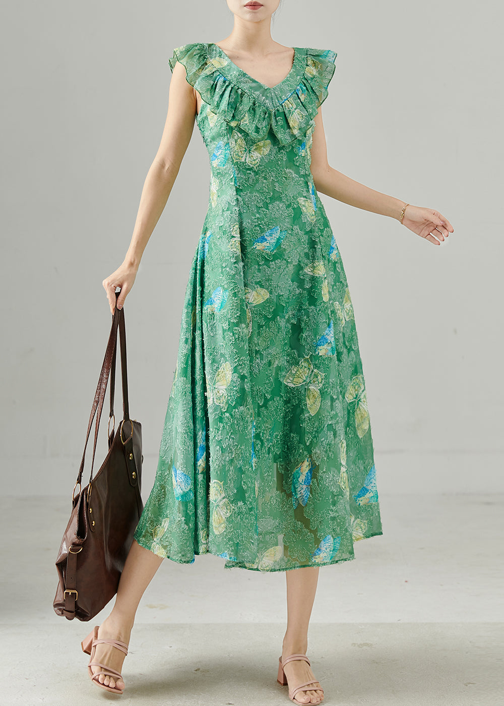 Women's Green Silk Maxi Dress Ruffles Breathable - OutfitLondon