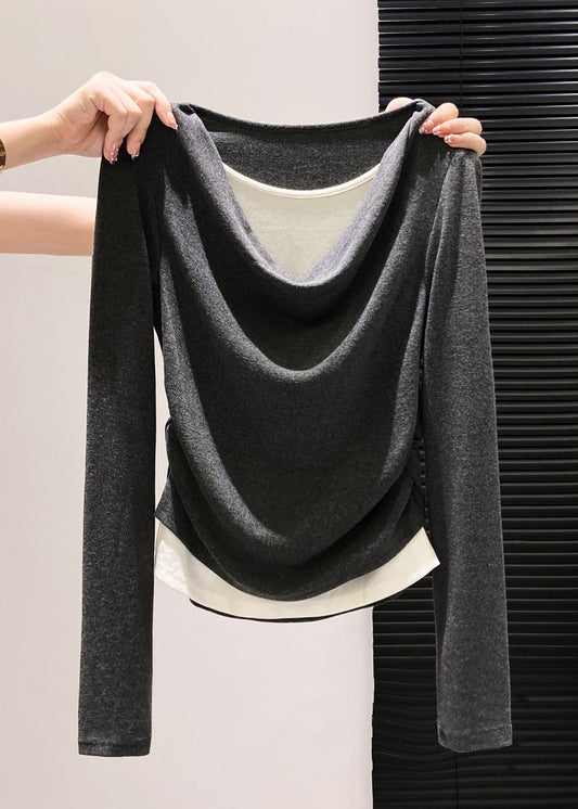 Women's Cotton Patchwork Shirt Gray Crinkled Loose Fit - OutfitLondon