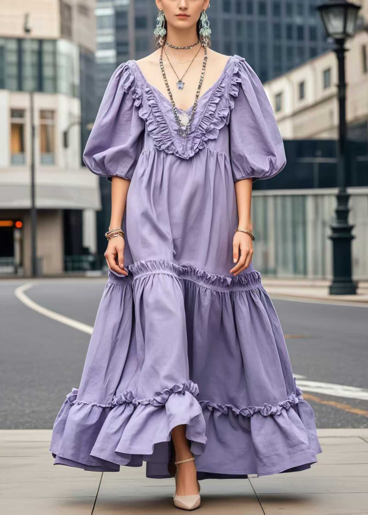 Women's Lavender Ruffled Maxi Dress Oversized Comfortable - OutfitLondon
