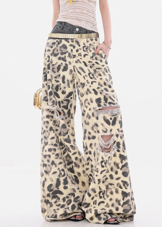 Women's Leopard Print Wide Leg Denim Pants - OutfitLondon