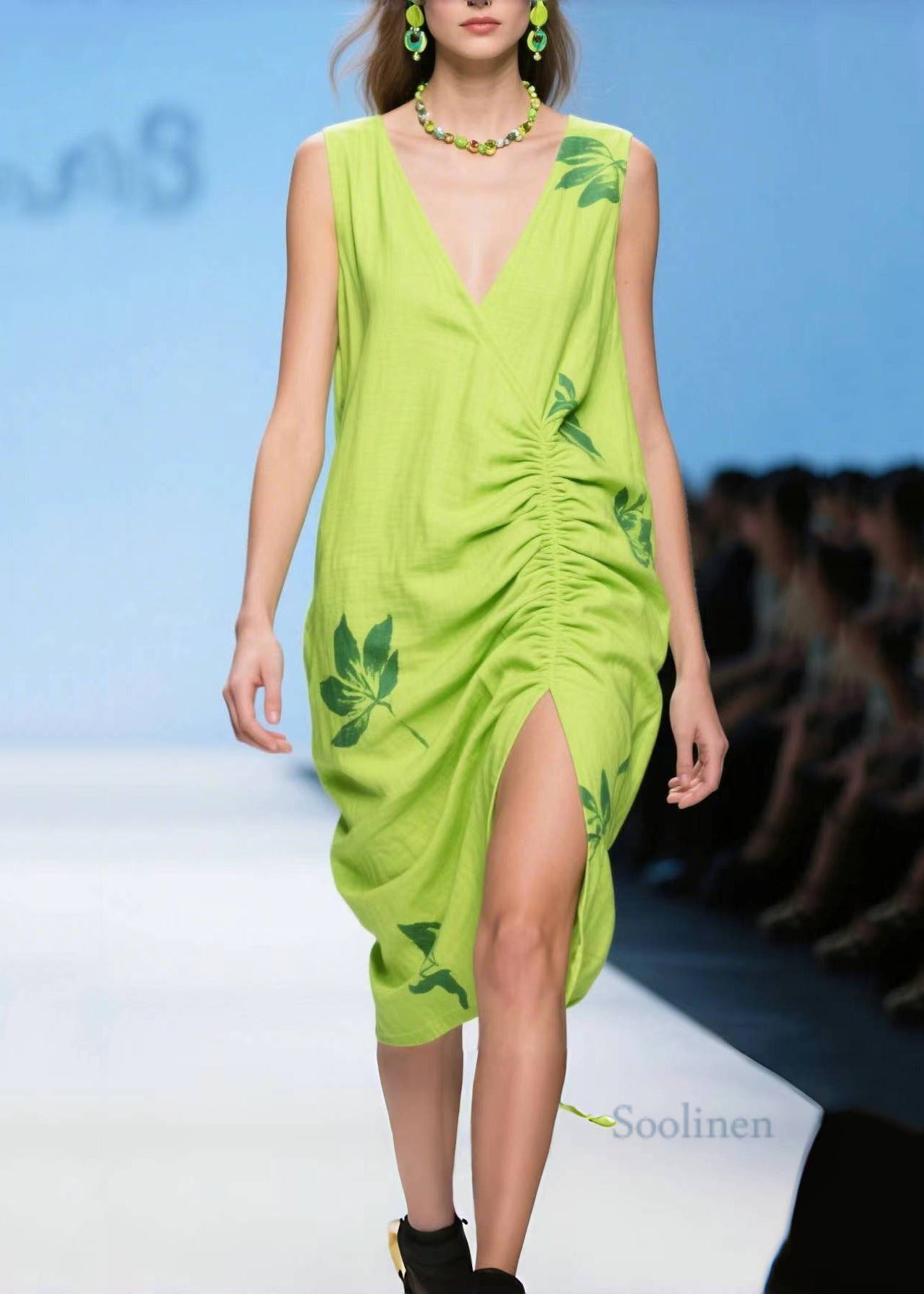 Women's Crinkle Cotton Side Slit Dress Lightweight Light Green - OutfitLondon