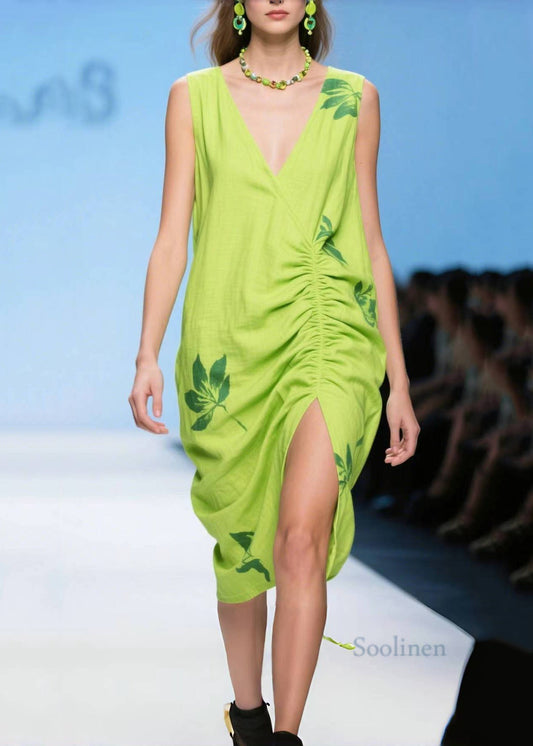 Women's Crinkle Cotton Side Slit Dress Lightweight Light Green - OutfitLondon