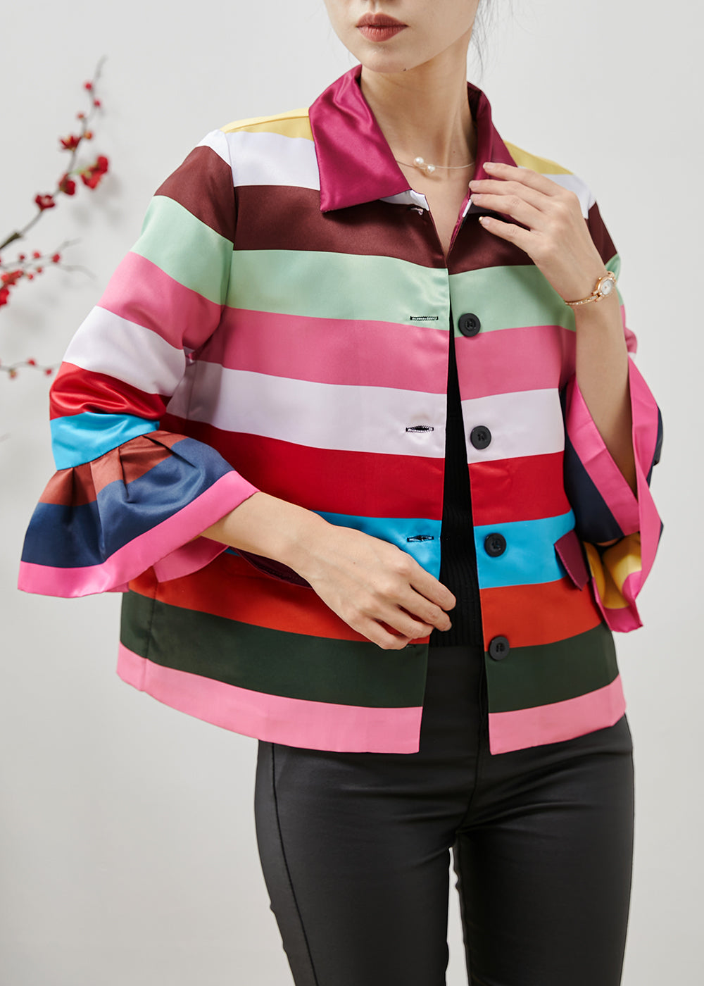 Women's Patchwork Shirt Elastane Multicolor Puff Sleeves - OutfitLondon